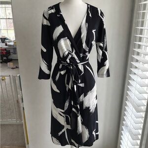BCBGMaxAzria Black and White Patterned Faux Wrap Dress